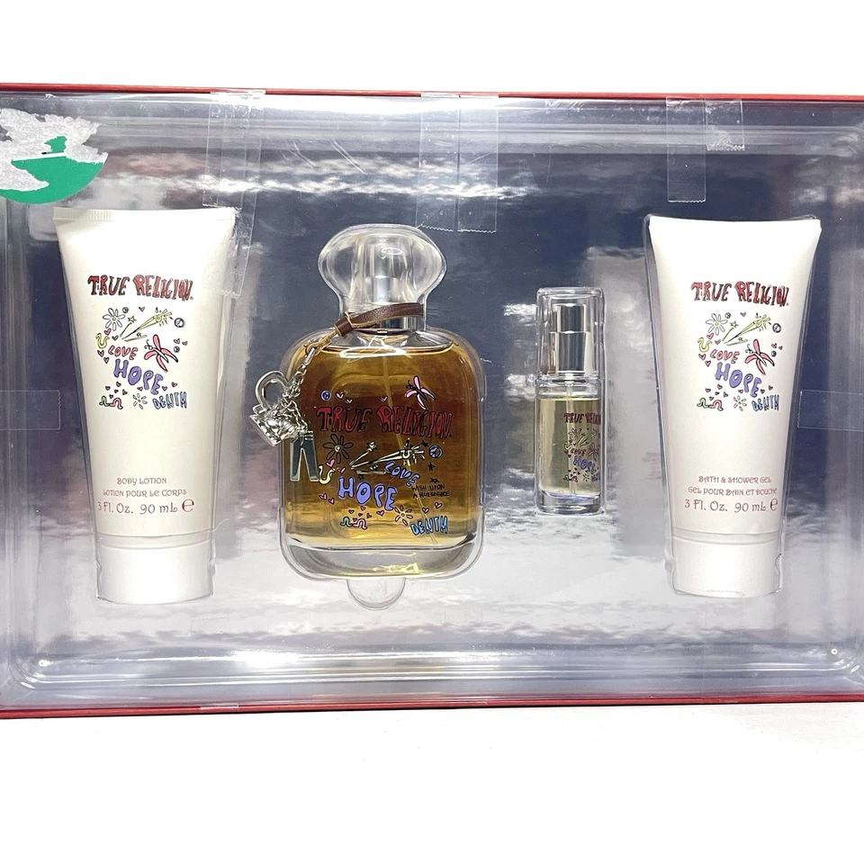 TRUE RELIGION Love Hope Denim Juego de 4 piezas 3,4 oz Spray + 0,25 oz Spray + loción + gel Foto 1 de 4