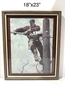 Vintage Norman Rockwell gerahmter Druck "The Lineman" 17,5"x 22,5" - Elektromast - Bild 1 von 4