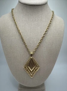 Beautiful Gold Tone Diamond Shape Pendant Necklace 24” Long - Picture 1 of 7