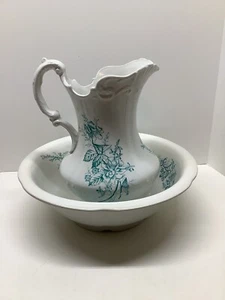 Antique The Colonial Co USA Ironstone wash basin & pitcher teal floral EUC - Picture 1 of 12