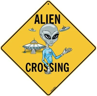 CROSSWALKS Alien Crossing Aluminum Yellow Caution Warning Sign 12" X 12" - Image 1 of 3