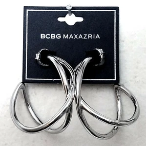 NEW BCBG FAUX SILVER SCULTURAL TWIST ART HOOP EARRINGS - Picture 1 of 3