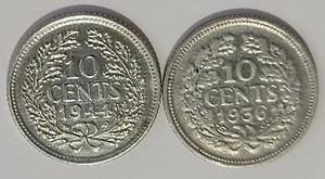 Satz (2) 1936 & 1944 Niederlande 10 Cent 64% Silbermünzen KM#163 1944 ist vz+ - Bild 1 von 2