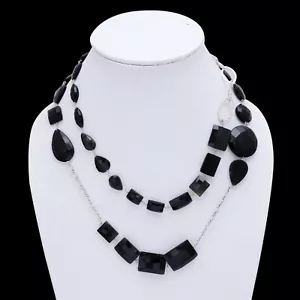 925 Sterling Silver Natural Black Onyx Fashion Jewelry ~ Rosary Chain Necklace - Picture 1 of 3