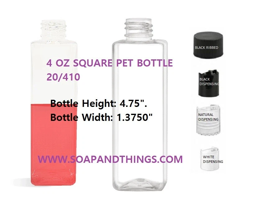 4 oz CLEAR SQUARE Plastic Bottle 12 bottles & 12 BLACK RIBBED Lid free shipp - Image 1 of 2