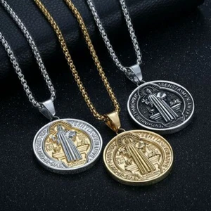 Saint St Benedict Medal Round Pendant Necklace Stainless Steel Men Hip Hop - Picture 1 of 15