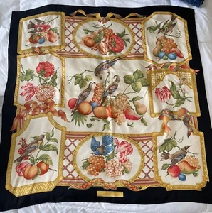 Salvatore Ferragamo Silk Scarf Birds & Fruit Motif. 34x 32. EUC Made in Italy - Picture 1 of 10