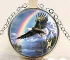 Rainbow Sky Tree Eagle Charm Art Pendant 20" Sterling Silver Necklace Gold Gift