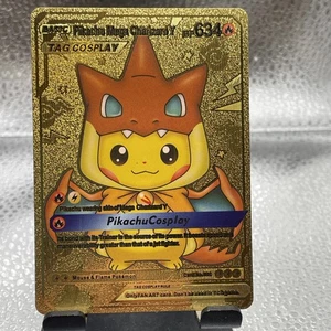 Pokemon Pikachu Mega Charizard Y Tag Cosplay Hp634 Gold Foil Fan Art Karte P4 - Bild 1 von 2