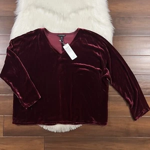 Eileen Fisher Women's Size Medium Deep Claret Velvet V Neck Top - Picture 1 of 8