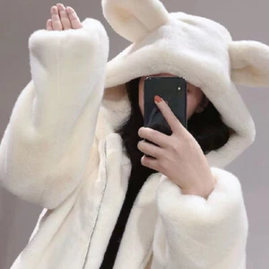 Coat Bear Ears Fluffy Warm Zip Outerwear Winter Cute Lady Faux Fur Hooded Jacket - Picture 1 of 9