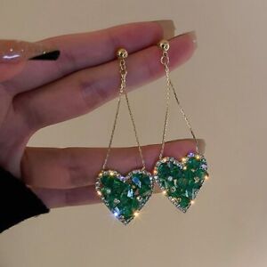 Fashion Green Love Heart Zircon Earrings Drop Dangle Charm Women Charm Jewellery