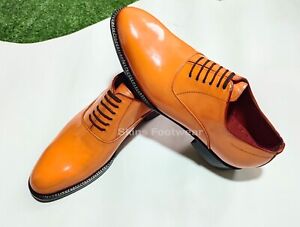 New Handmade Pure Tan Patent Leather Oxford Lace Up Wholecut Men Dress Shoes