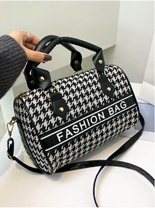 Black Lightweight,Business Casual Letter Graphic Houndstooth Pattern Boston Bag - Picture 1 of 6