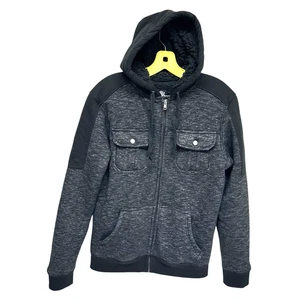 Rock Revival Men Marled Bomber Jacket Hoodie Black White Goth Zip S Sherpa Lined - Picture 1 of 12