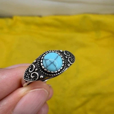 925 Sterling Silver Ring Turquoise 6mm Natural Blue Gemstone Jewelry Bridal Gift - Image 1 of 4