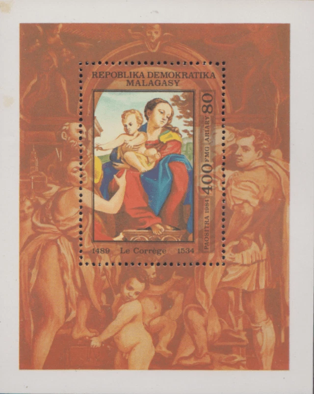 Arte/Pinturas/Envíos/Virgen y Niño/Correggio 1984 S/S SC690 MNH de Madagascar Foto 1 de 1