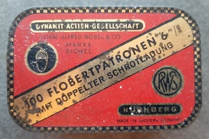 Alte Blechdose Flobertpatronen 6m/m mit doppelter Schrotladung Nürnberg Werbung. - Bild 1 von 5