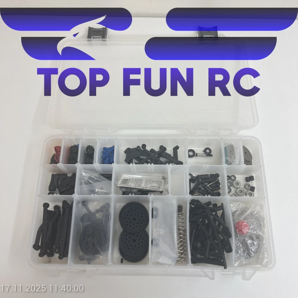 RC CAR ASSORTMENT W/ GEARS/BEARINGS/SUSPENSION ARMS/WIRING MATERIALS ETC. W CASE - Image 1 of 1