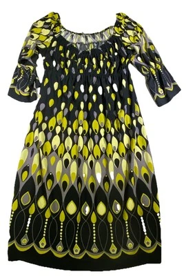 Muse Dress Women's Size 8 Yellow Black Geo Print Scoop Neck 3/4 Flare Sleeve - Image 1 of 4