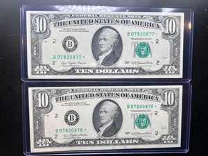 1976 USA $10 TREASURY NOTES GREEN SEALX2 SEQUENTIAL SN # B07820877* & B07820878* - Picture 1 of 15
