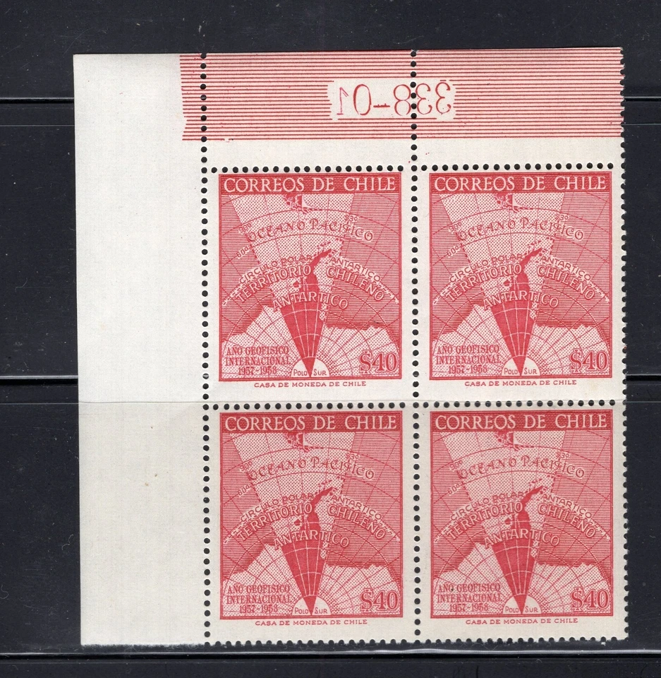 CHILE 1958 Antartic Map 40p red MNH block of 4 top left corner sheet - Image 1 of 1