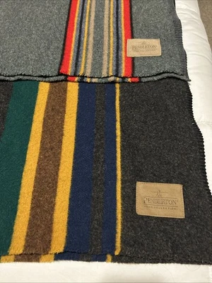 2 Pendleton Throw Blanket Gray Stripes Yakima Camp Wool Cotton USA - Image 1 of 4