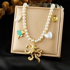 Damen Halskette Edelstahl Gold Krake Seefisch Herz Perle 43+7cm Trend Schmuck - Bild 1 von 5