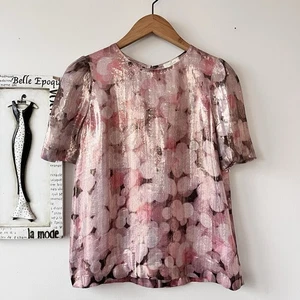 Kate Spade New York Silk Metallic Short Sleeve Pink Blouse Sz 4 - Picture 1 of 6
