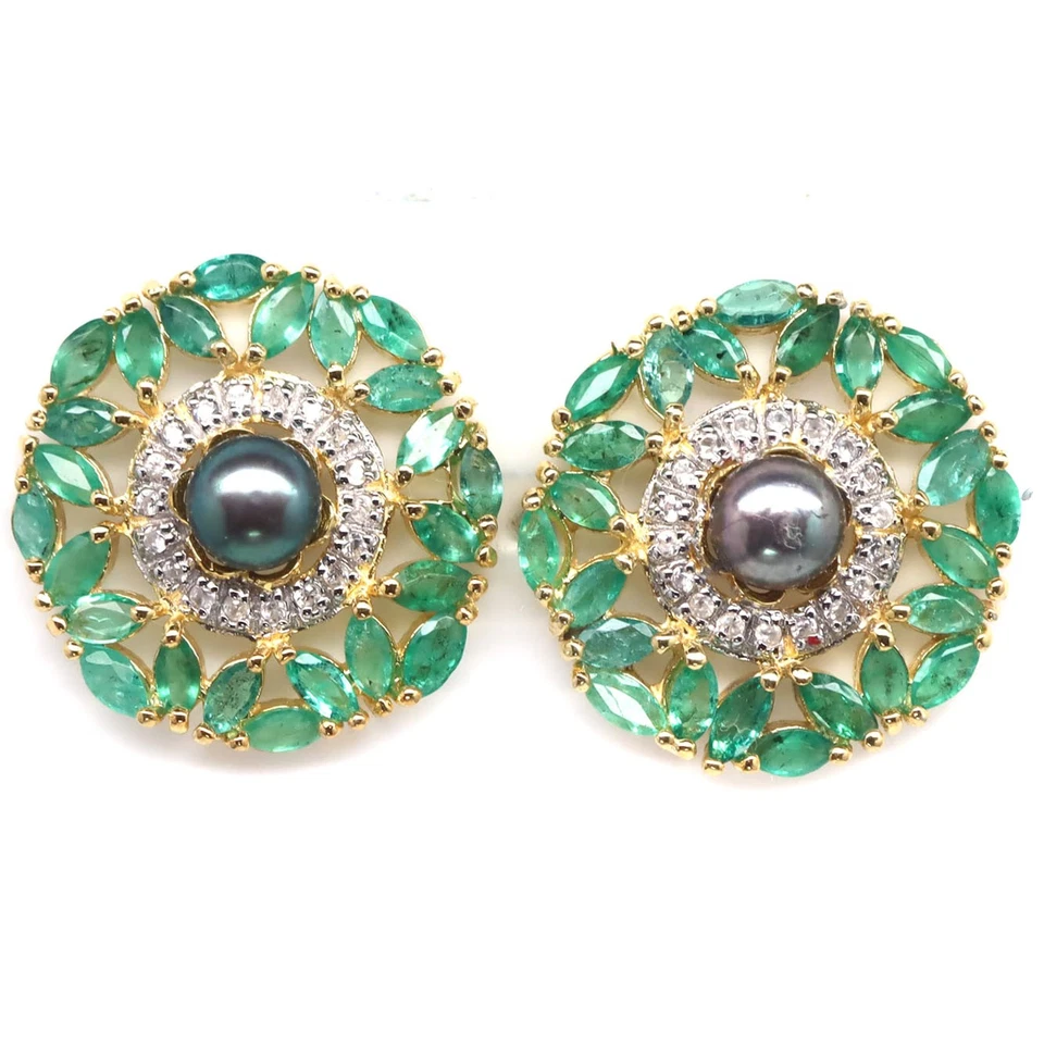 925 Sterlingsilber 6 mm Graue Perle, Grüner Smaragd & Weißer Zirkon Ohrringe - Bild 1 von 4