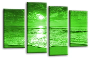Large Seascape Sunset Love Art Print Green Cream Framed Split Canvas Picture - Picture 1 of 6