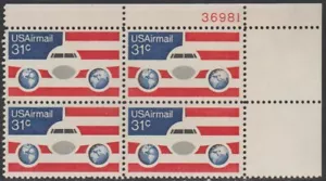 Scott# 90 - Airmail 1976 Regular Issue - 31 cts Plane, Globes and Flag Plate Blk - Picture 1 of 1