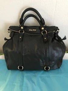 Miu Miu Vitello Lux Bow Black Satchel Authentic Rare Hard To Find Large Size - Picture 1 of 24