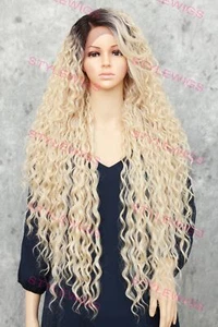 Rooted Light Blonde Extra Long Spiral Curls Lace Front Human Hair Blend Wig EVFM - Picture 1 of 9