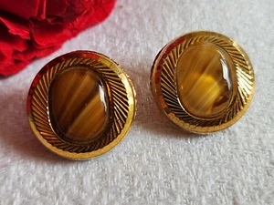 Duo boutons anciens en verre marron doré à pied 1,7 cm G18A - Picture 1 of 4