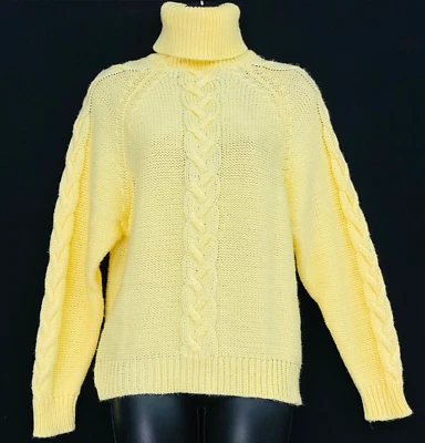 Suéter Amarillo Vintage Años 80, Cuello Tortuga Cable Tejido Suave Acrílico Talla Grande S Foto 1 de 4