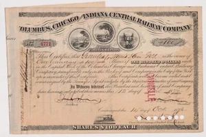 1872 Columbus Chicago & Indiana Central Railway Certificato di Stock - Foto 1 di 1