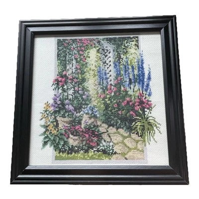 Completed Black 11.5"  Frame Glass Floral Trellis Counted Cross Stitch Kit 2588 - Image 1 of 4