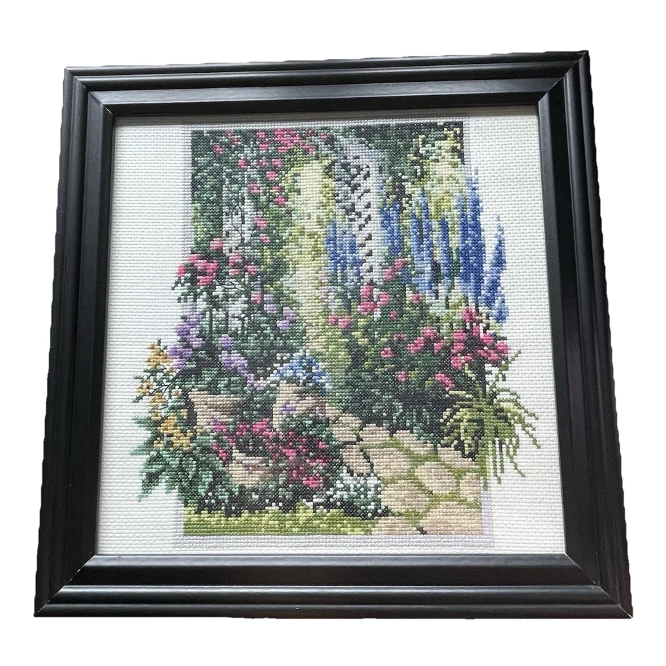 Completed Black 11.5"  Frame Glass Floral Trellis Counted Cross Stitch Kit 2588 - Image 1 of 4