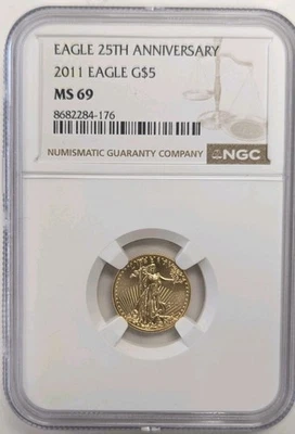2011 $5 American Gold Eagle 25º aniversário NGC MS69.  Z388 - Imagem 1 de 2