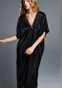 ZARA NWT WOMAN SATIN EFFECT MIDI TUNIC Black Rhinestones Kaftan Small - Picture 1 of 16