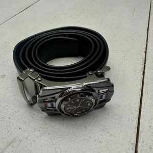Shein Black Faux Leather Fantasy Car Dial Silver Buckle Solid Mens 47in Belt NEW - Picture 1 of 5