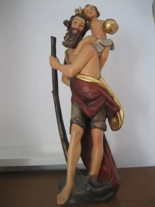 Antike Holz Skulptur Heiliger Christophorus mit Jesuskind gefasst 56 cm hoch - Picture 1 of 9