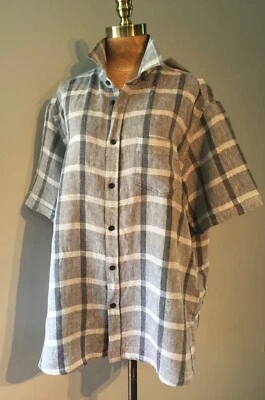 PURE LINEN MENS SHIRT  NAVY / WHITE PLAID/ CHECK - X L -  52" chest - Image 1 of 4