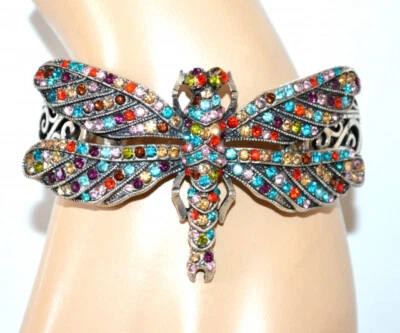 Bracciale donna libellula argento a molla elastico strass multicolore UA14 - Immagine 1 di 3