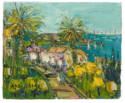 PINTURA AL ÓLEO ORIGINAL YOLANDE ARDISSONE 'Le Trayas' FRENCH RIVIERA Beach Cannes Foto 1 de 4