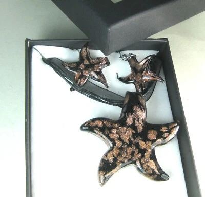 hand blown glass set pendant necklace 2 earrings star Murano style boxed 2.1" - Image 1 of 3