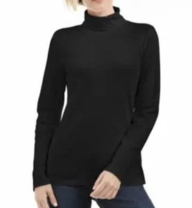 KAREN SCOTT SPORT Ribbed Ribbed Cuffed Long Sleeve Knit Turtleneck Top BLACK - Picture 1 of 4