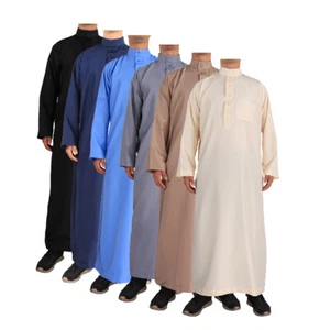 Muslim Men Long Sleeve Thobe Saudi Arab Kaftan Islamic Dubai Dishdasha Ramadan - Picture 1 of 8