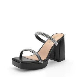 Womens Platform Chunky Heels Square Open Toe Rhinestone Strap High Heeled Sandal - Picture 1 of 49